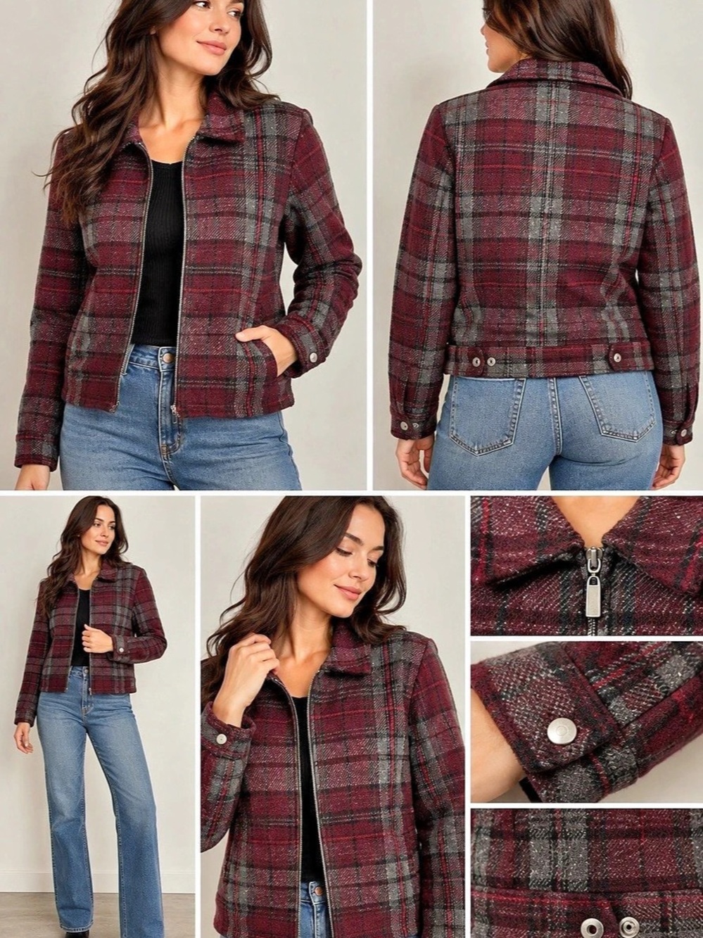 Fashion Bug Plaid Wool-Blend Jacket in Burgundy & Gray Like New